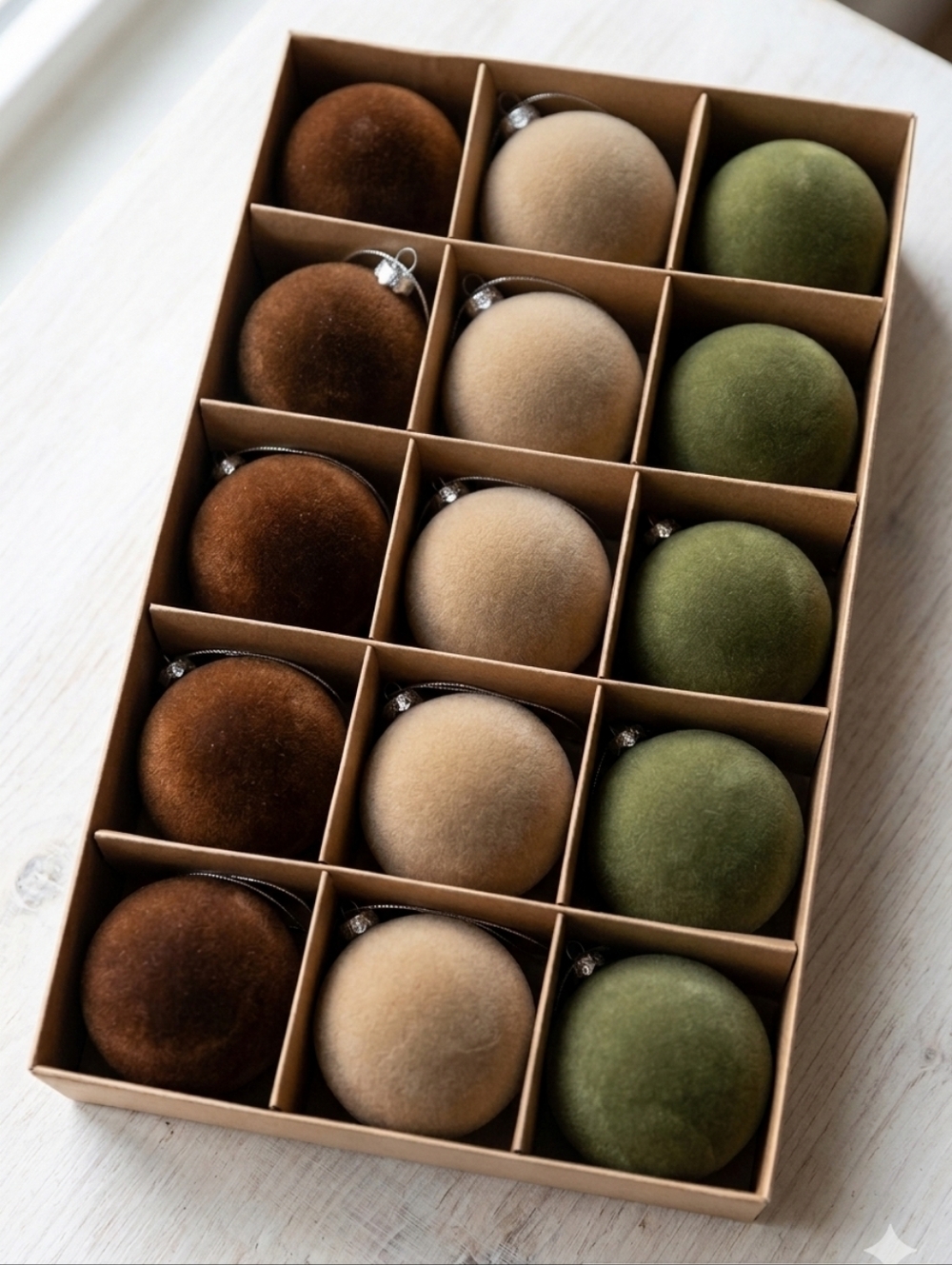 Velvet Ball Ornaments Set – Green, Taupe, Brown